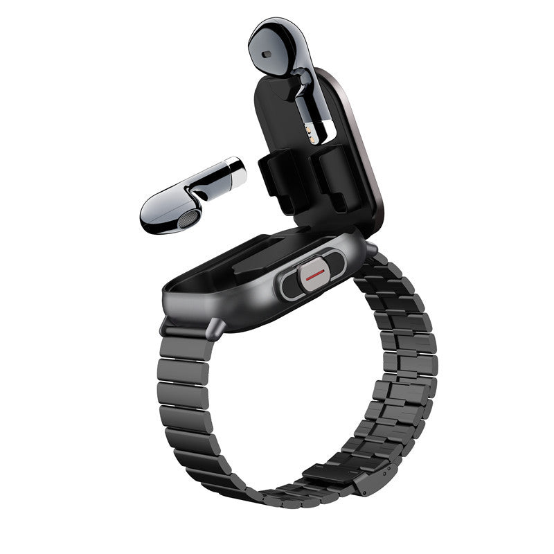 Black Steel Belt 2-in-1 Smartwatch with Built-in Earbuds - 2.01 HD Touchscreen