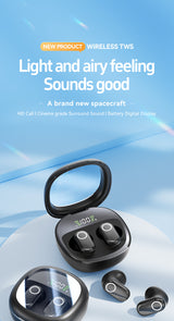 Beige Feather-Light TWS Earbuds - Bluetooth 5.4, Hi-Fi Sound, LED Display Case, 60H+ Playtime, Touch Control - Side View
