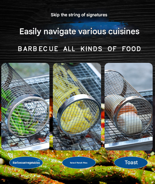 2 Pcs Size L Silver Rolling Stainless Steel BBQ Grill Basket - Cylindrical Grilling Cage for Veggies, Meats &, image 4