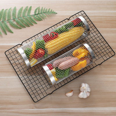 Silver 2-Piece Rolling Stainless Steel BBQ Grill Basket Set (Small & Large) - 304 Food-Grade Grilling Cages with Hooks