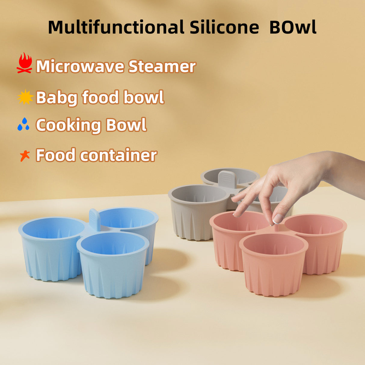 2 Pcs Grey 3-Compartment Silicone Bowl - BPA-Free, Microwave & Air Fryer Safe for Eggs, Baking & Food Storage