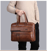Coffee Men's PU Leather Briefcase - Vintage Style Laptop Messenger Bag, Crossbody Satchel for Business & Casual - Side View