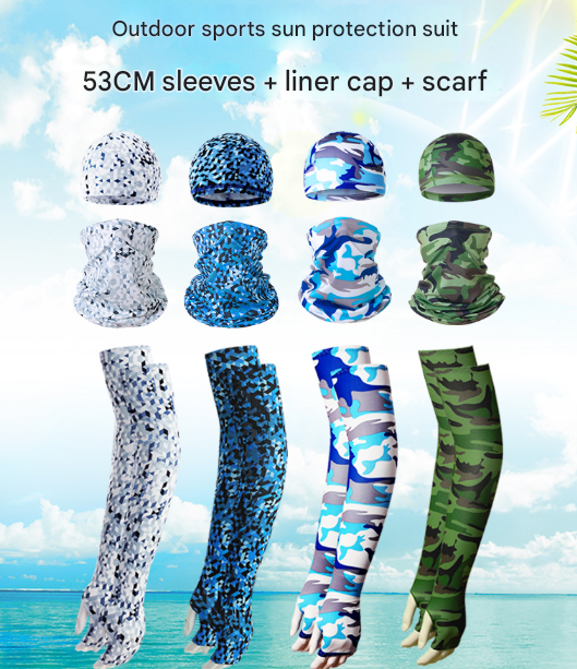 2 Sets Green Camouflage Cooling UV Protection Set - 2 Skull Cap, 2 Neck Gaiter & 4 Arm Sleeves for Outdoor Sports