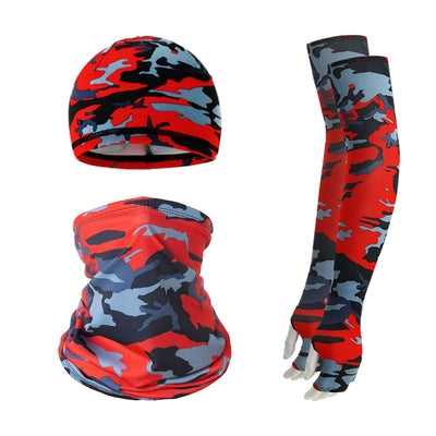2 Sets Red And Grey Camouflage Cooling UV Protection Set - 2 Skull Cap, 2 Neck Gaiter & 4 Arm Sleeves for Outdoor Sports