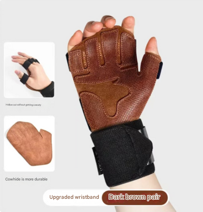 Size S Dark Brown Premium Cowhide Leather Weightlifting Gloves with Wrist Support - Non-Slip Grip, Breathable Fitness Workout Gloves for Gym, WODs,