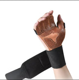 Size XL Dark Brown Premium Cowhide Leather Weightlifting Gloves with Wrist Support - Non-Slip Grip, Breathable Fitness Workout Gloves for Gym, WODs, Dumbbells - Front View
