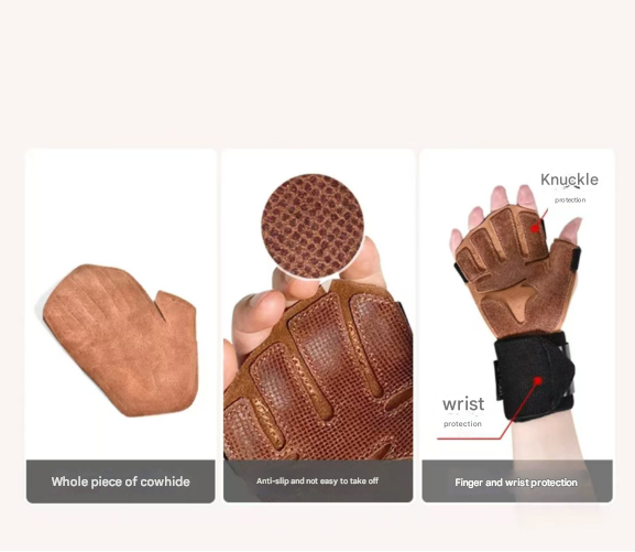 Size XL Dark Brown Premium Cowhide Leather Weightlifting Gloves with Wrist Support - Non-Slip Grip, Breathable Fitness Workout Gloves for Gym, WODs, Dumbbells