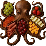 Style B Brown Artisan Crafted Solid Wood Octopus Charcuterie Board - Unique Appetizer & Cheese Serving Platter - Front View