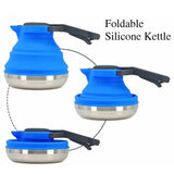 Blue 1.5L Collapsible Silicone Camping Kettle - Portable Foldable Travel Water Boiler, Stainless Steel Base - Side View