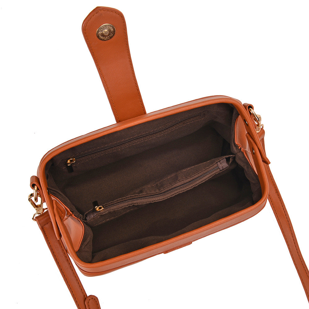 Brown Chic Vintage Inspired PU Leather Crossbody Bag - Small Frame Doctor Style Purse with Adjustable Strap