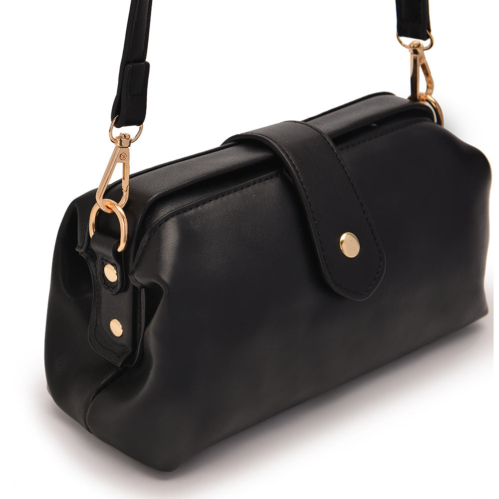 Black Chic Vintage Inspired PU Leather Crossbody Bag - Small Frame Doctor Style Purse with Adjustable Strap