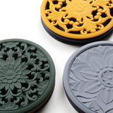 Elegant Floral Silicone Trivet Mat Set (3-Pack, Black) - Heat Resistant, Non-Slip Kitchen Hot Pads & Pot Holders - Front View