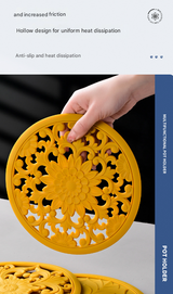 Elegant Floral Silicone Trivet Mat Set (3-Pack, Dark Blue) - Heat Resistant, Non-Slip Kitchen Hot Pads & Pot Holders - Rear View