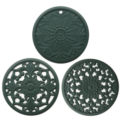 Elegant Floral Silicone Trivet Mat Set (3-Pack, Dark Green) - Heat Resistant, Non-Slip Kitchen Hot Pads & Pot Holders