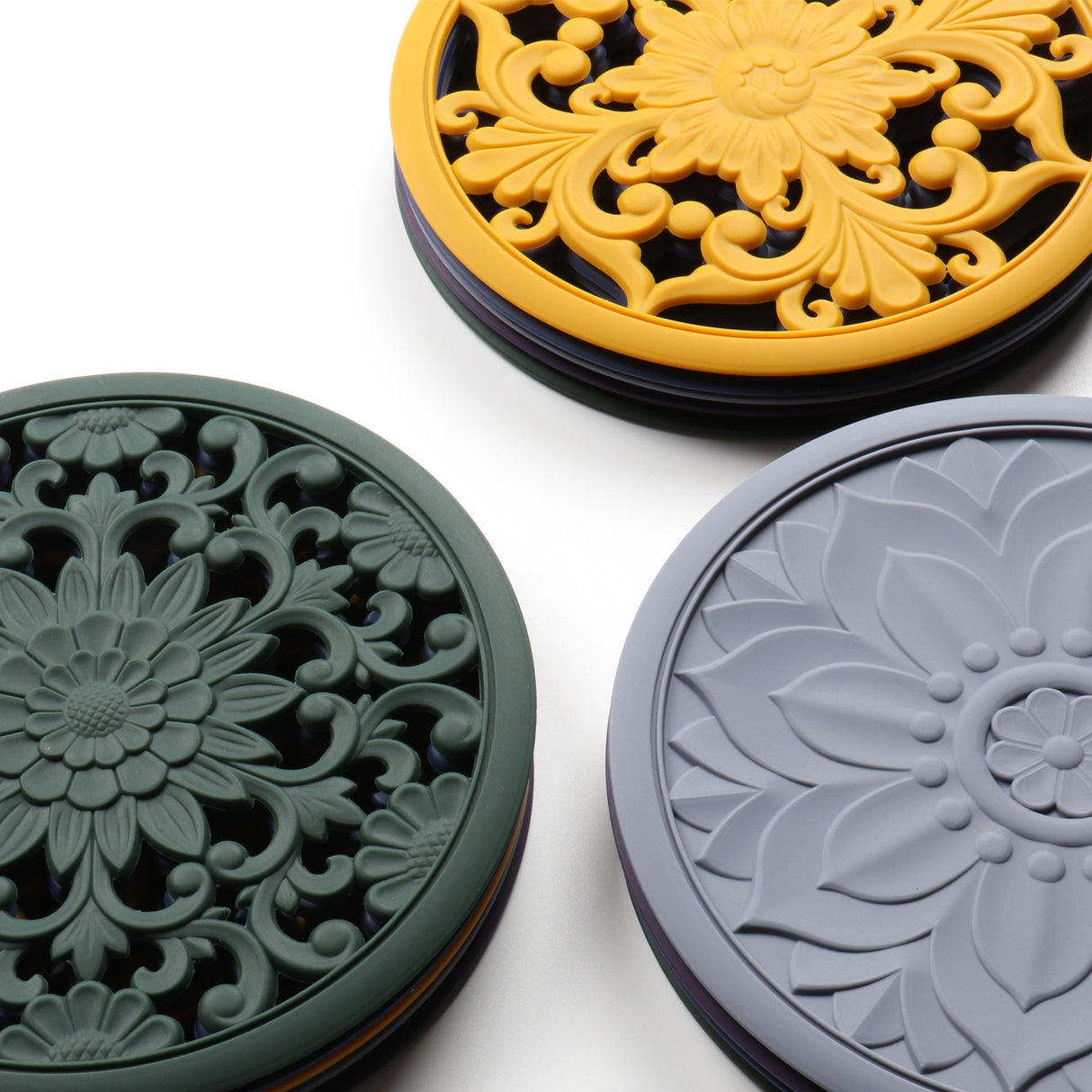 Elegant Floral Silicone Trivet Mat Set (3-Pack, Grey) - Heat Resistant, Non-Slip Kitchen Hot Pads & Pot Holders