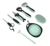 Grey and Green Complete 8-Piece Pet Grooming Kit - Essential Dog & Cat Care Tools with Brushes, Nail Clippers, Scissors & Portable Case - Front View