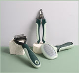 Grey and Green Complete 8-Piece Pet Grooming Kit - Essential Dog & Cat Care Tools with Brushes, Nail Clippers, Scissors & Portable Case - Top-Down View