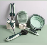 Grey and Green Complete 8-Piece Pet Grooming Kit - Essential Dog & Cat Care Tools with Brushes, Nail Clippers, Scissors & Portable Case - Rear View