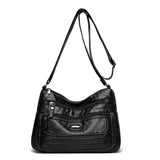 Black Women's Soft Washed PU Leather Crossbody Bag - Multi-Pocket Casual Shoulder Purse for Everyday Organization