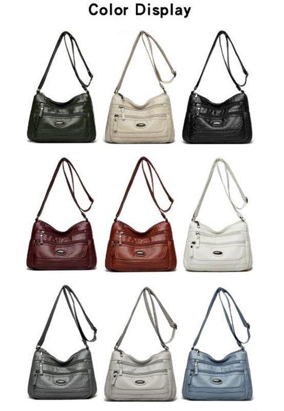 Black Women's Soft Washed PU Leather Crossbody Bag - Multi-Pocket Casual Shoulder Purse for Everyday Organization
