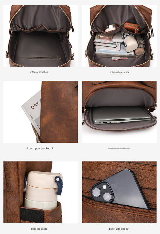 Brown Women's Vintage PU Leather Anti-Theft Backpack - Convertible Shoulder Bag & Laptop Rucksack for Travel & Daily Use