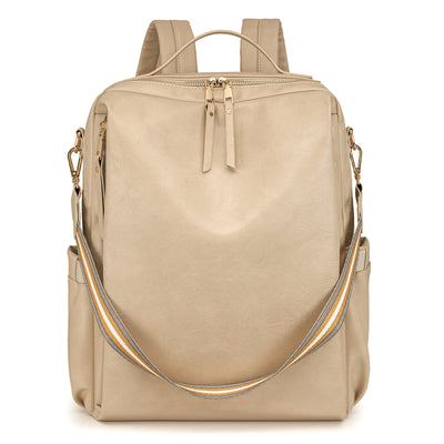 Beige Women's Vintage PU Leather Anti-Theft Backpack - Convertible Shoulder Bag & Laptop Rucksack for Travel & Daily Use