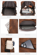 Beige Women's Vintage PU Leather Anti-Theft Backpack - Convertible Shoulder Bag & Laptop Rucksack for Travel & Daily Use - Low Angle