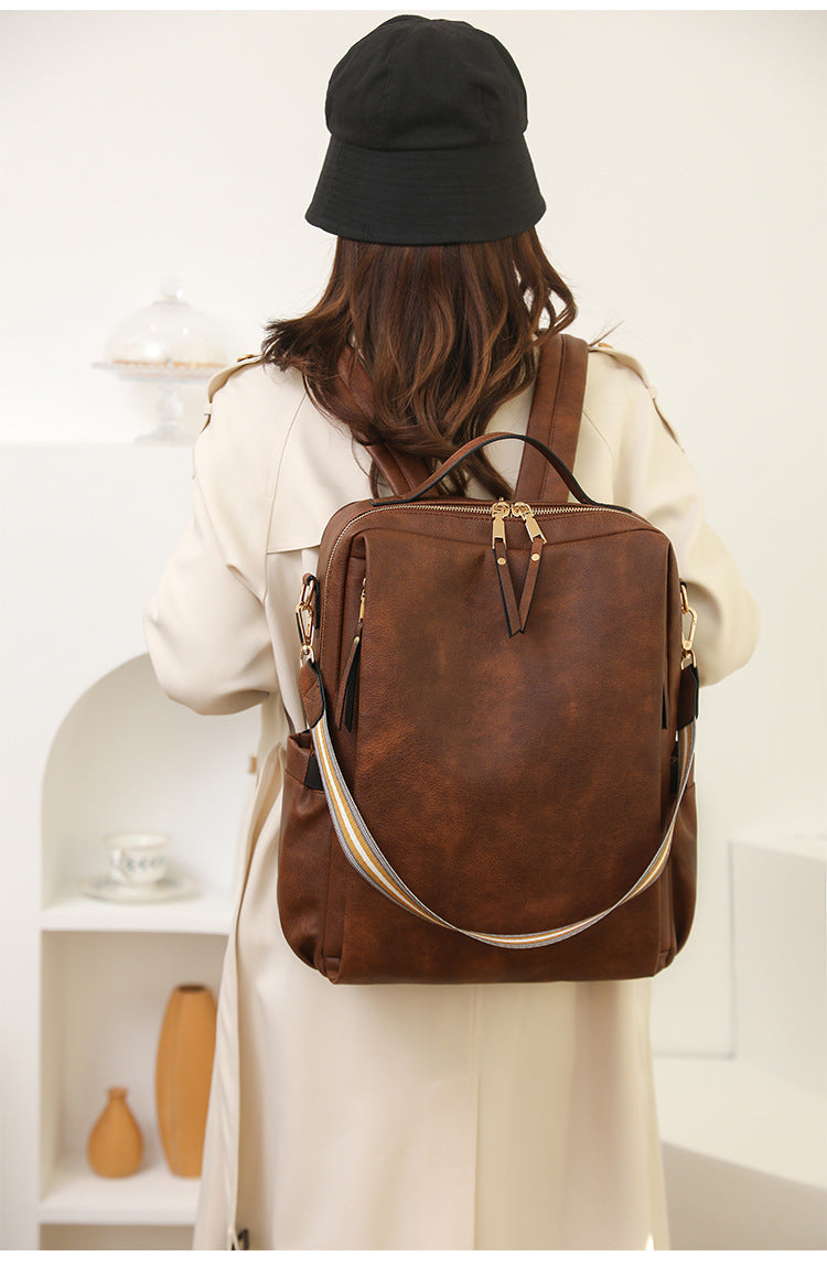 Beige Women's Vintage PU Leather Anti-Theft Backpack - Convertible Shoulder Bag & Laptop Rucksack for Travel & Daily Use