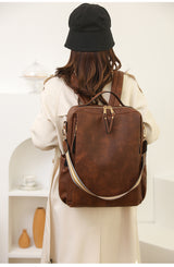 Beige Women's Vintage PU Leather Anti-Theft Backpack - Convertible Shoulder Bag & Laptop Rucksack for Travel & Daily Use