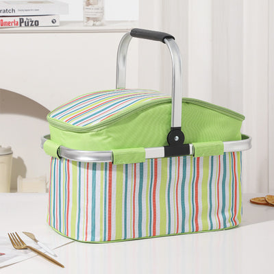 Green and Colored Stripes Large 27L Foldable Insulated Picnic Basket Cooler Bag - Lightweight Thermal Hamper with Aluminum Handles for Outdoor,