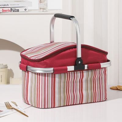 Red and Colored Stripes Large 27L Foldable Insulated Picnic Basket Cooler Bag - Lightweight Thermal Hamper with Aluminum Handles for Outdoor, Shopping