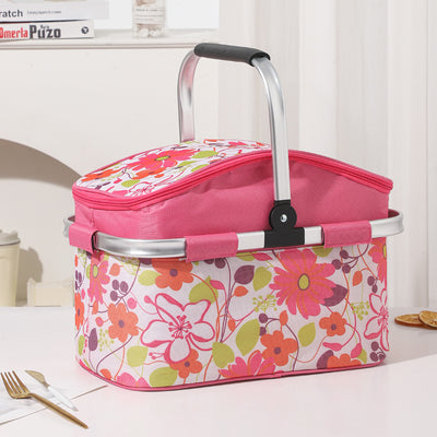 Pink and Floral Pattern Large 27L Foldable Insulated Picnic Basket Cooler Bag - Lightweight Thermal Hamper with Aluminum Handles for Outdoor, Shopping