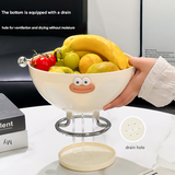 Beige Whimsical Covered Fruit Bowl with Flip Lid & Drainer - Cute Design Snack & Candy Dish for Living Room - 45-Degree Angle