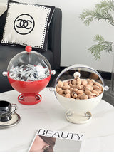 Red Whimsical Covered Fruit Bowl with Flip Lid & Drainer - Cute Design Snack & Candy Dish for Living Room - Close-Up Angle