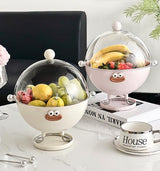 Pink Whimsical Covered Fruit Bowl with Flip Lid & Drainer - Cute Design Snack & Candy Dish for Living Room - Front View
