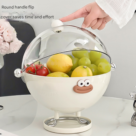 Pink Whimsical Covered Fruit Bowl with Flip Lid & Drainer - Cute Design Snack & Candy Dish for Living Room