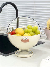 Pink Whimsical Covered Fruit Bowl with Flip Lid & Drainer - Cute Design Snack & Candy Dish for Living Room - Low Angle