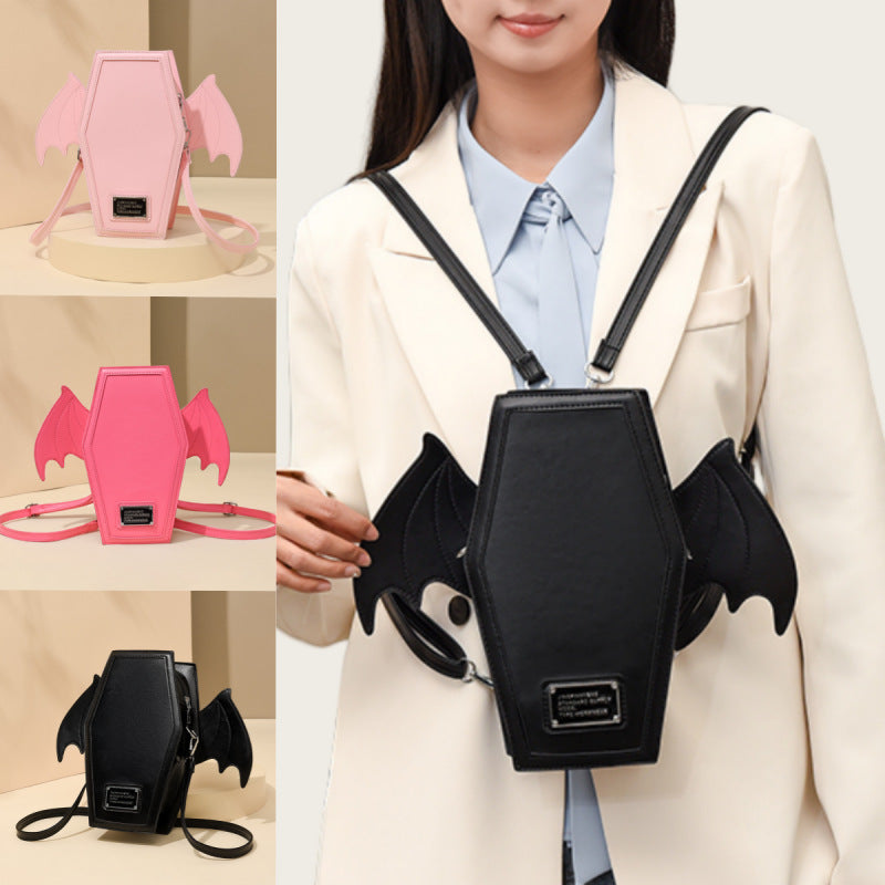 Rose Red Gothic Coffin Bat Wing Convertible Crossbody Bag - Punk PU Leather Shoulder Purse & Mini Backpack