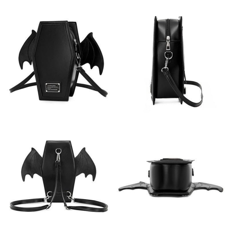Rose Red Gothic Coffin Bat Wing Convertible Crossbody Bag - Punk PU Leather Shoulder Purse & Mini Backpack