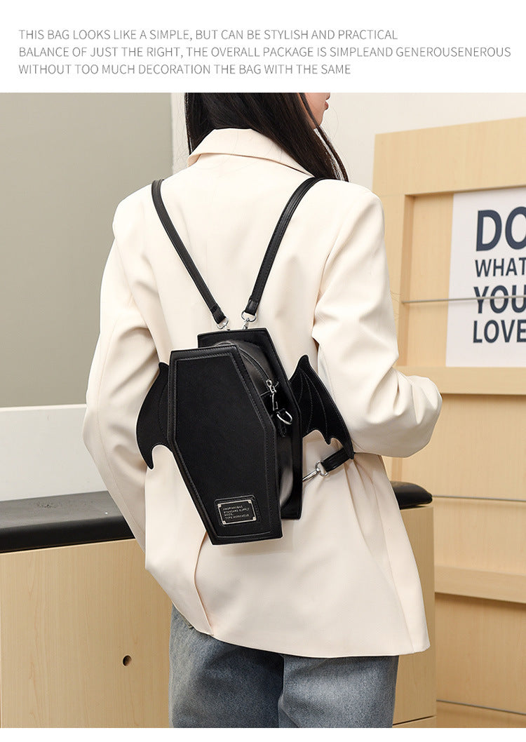 Rose Red Gothic Coffin Bat Wing Convertible Crossbody Bag - Punk PU Leather Shoulder Purse & Mini Backpack