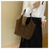 Brown Chic Retro Suede-Finish PU Leather Tote Bag - Large Capacity Shoulder Bag with Tie Accent - 45-Degree Angle