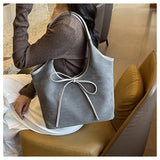 Grey Chic Retro Suede-Finish PU Leather Tote Bag - Large Capacity Shoulder Bag with Tie Accent - Rear View