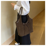 Coffee Chic Retro Suede-Finish PU Leather Tote Bag - Large Capacity Shoulder Bag with Tie Accent - 45-Degree Angle