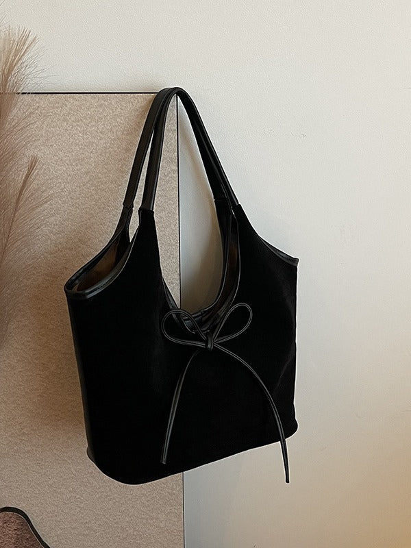 Black Chic Retro Suede-Finish PU Leather Tote Bag - Large Capacity Shoulder Bag with Tie Accent