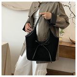Black Chic Retro Suede-Finish PU Leather Tote Bag - Large Capacity Shoulder Bag with Tie Accent - Rear View