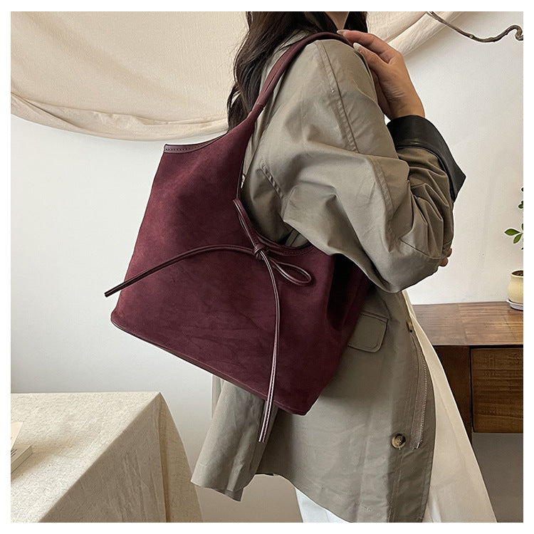 Claret Red Chic Retro Suede-Finish PU Leather Tote Bag - Large Capacity Shoulder Bag with Tie Accent