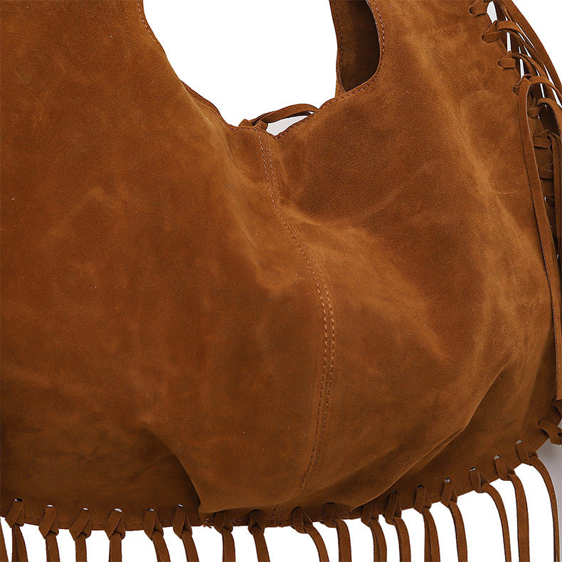 Green Boho Chic Fringed Hobo Bag - Large Capacity Soft Faux Suede Shoulder Tote with Tassel Detail