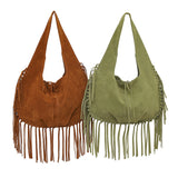 Brown Boho Chic Fringed Hobo Bag - Large Capacity Soft Faux Suede Shoulder Tote with Tassel Detail - Front View