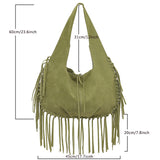 Brown Boho Chic Fringed Hobo Bag - Large Capacity Soft Faux Suede Shoulder Tote with Tassel Detail - Side View