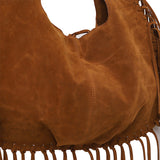 Brown Boho Chic Fringed Hobo Bag - Large Capacity Soft Faux Suede Shoulder Tote with Tassel Detail - 45-Degree Angle